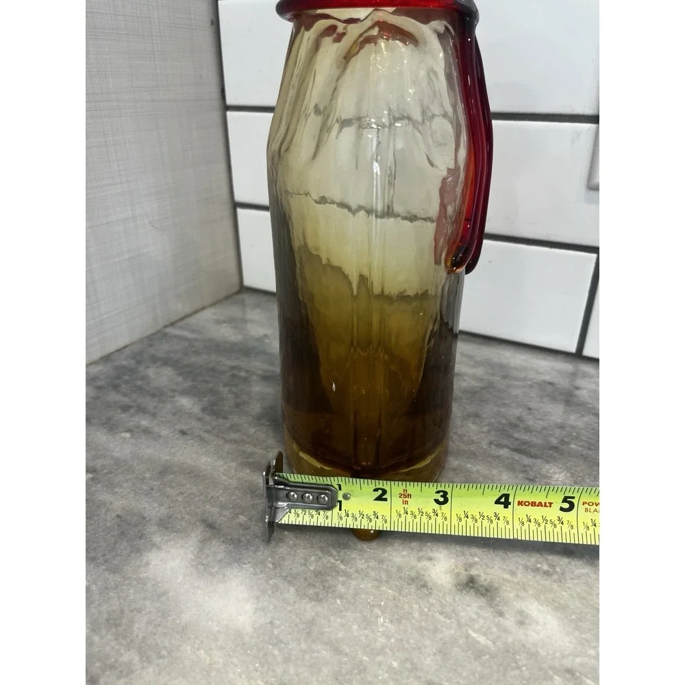 VTG Pilgrim Mustard Sack Bag Flower Vase, Red Ribbon Hand Blown. 10